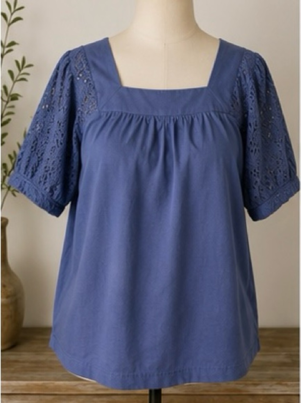 DownEast Vera Blouse Small Blue Square Neck Eyelet Sleeve NWT